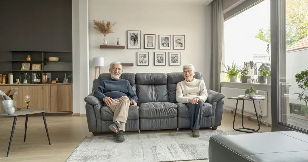 Ein älteres Ehepaar sitzt auf ihrem Sofa in Ihrem Wohnzimmer